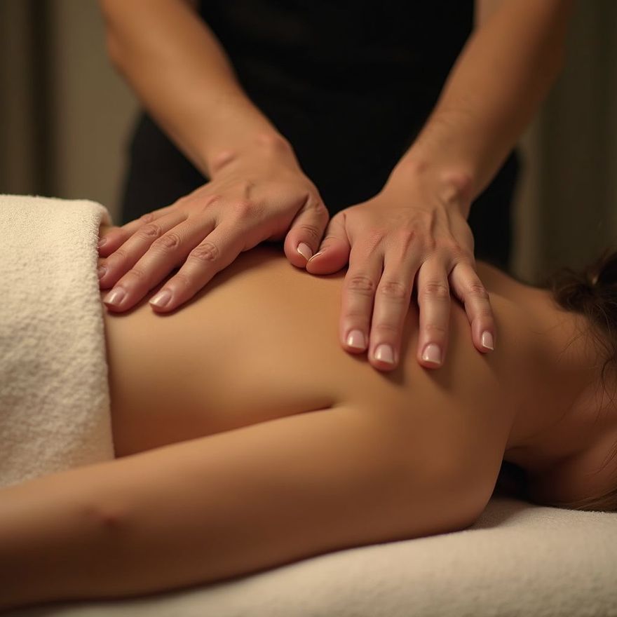 Hands giving a back massage to a person lying face down on a massage table; soft lighting.