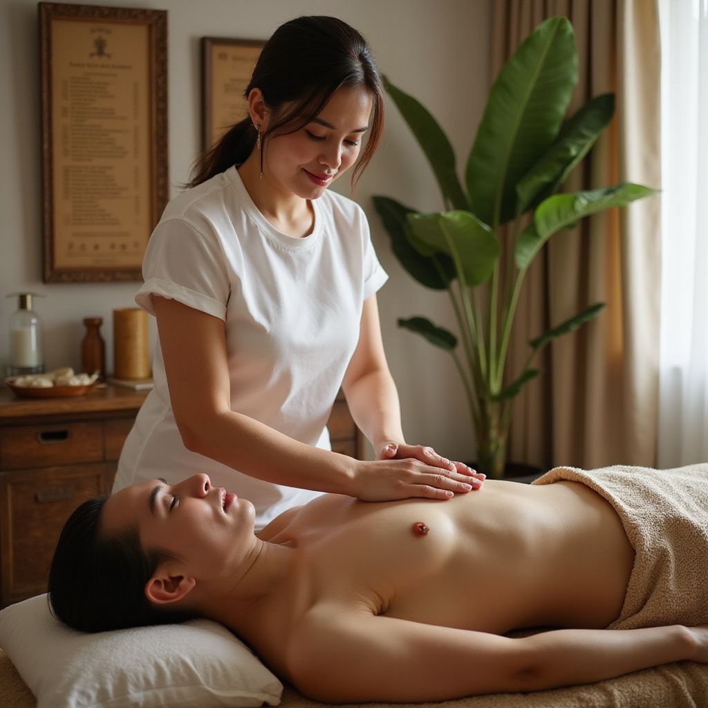 Woman giving a chest massage to a man lying on a massage table indoors.