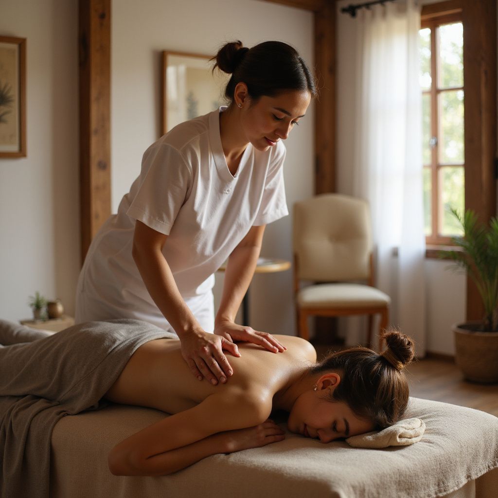 Woman receiving a back massage from a therapist in a serene, well-lit spa setting.