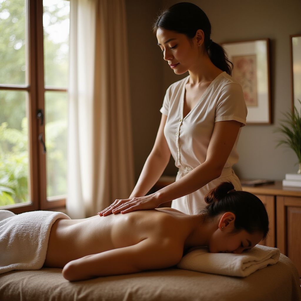 Woman receiving a back massage at a spa. Therapist in white scrubs massages her back.