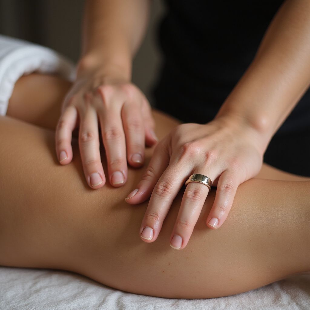 Hands massaging a person's leg, likely for therapeutic purposes.