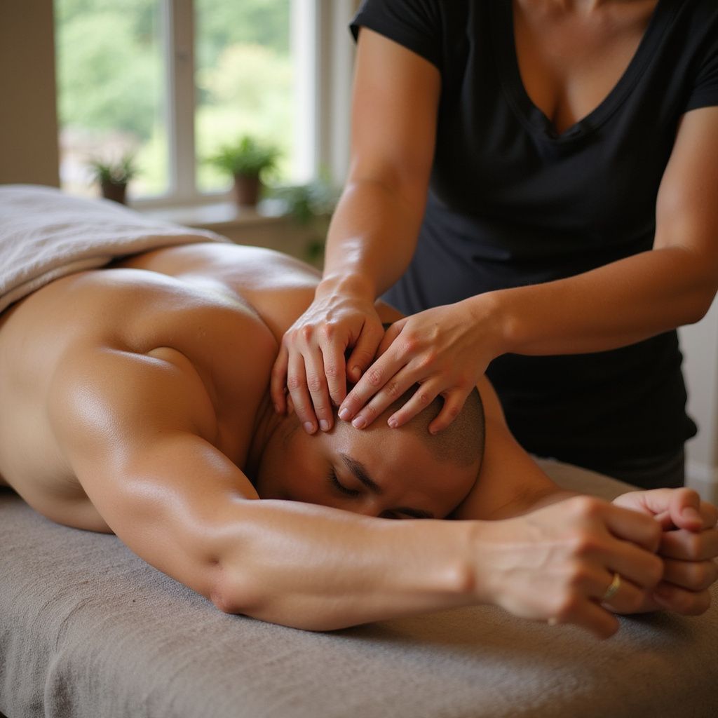 Massage therapist giving a head massage to a man lying face down on a massage table.