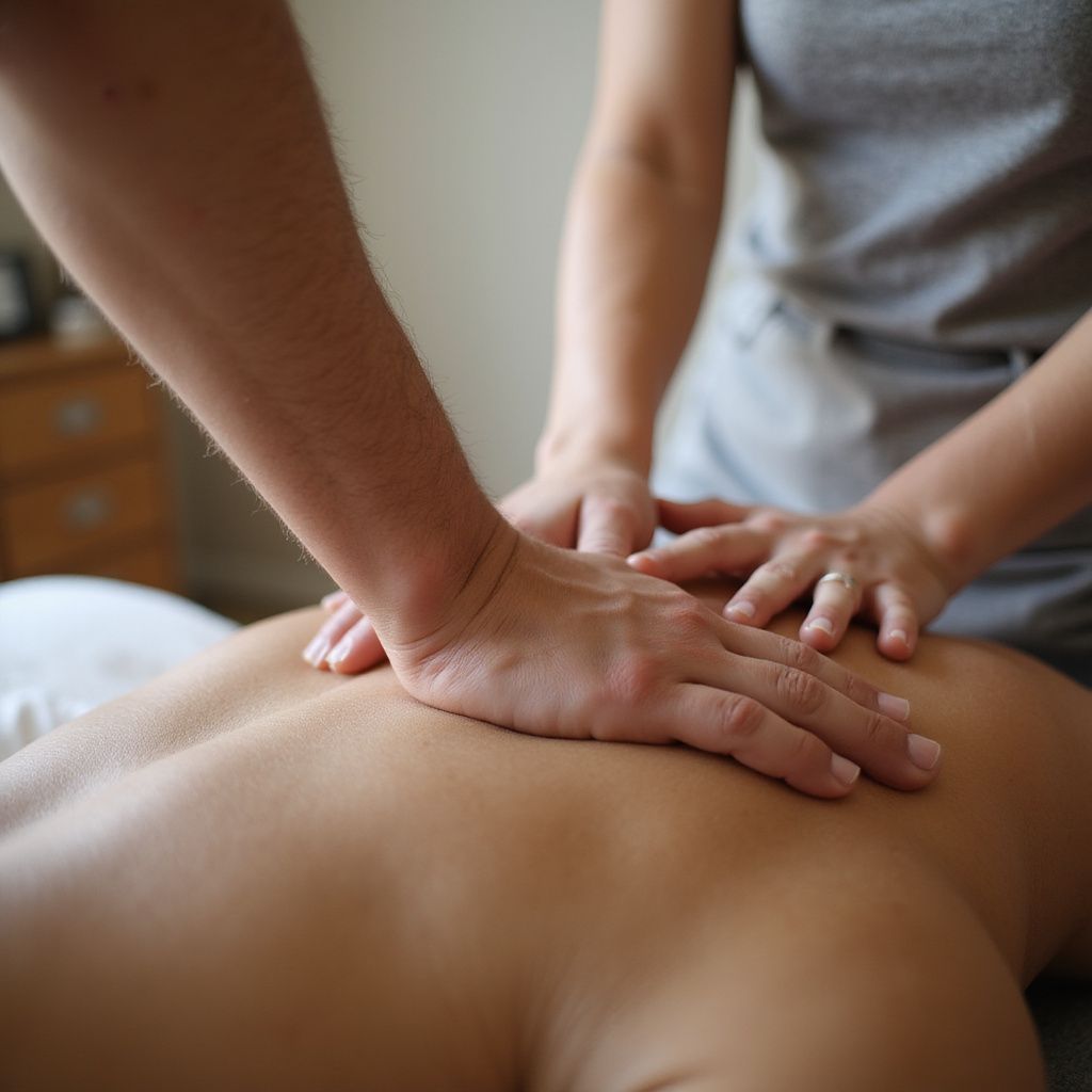 Two people giving a back massage; a person lies face down as hands press on their back.