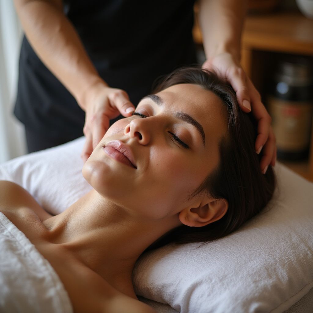 Woman receiving a head massage, eyes closed, hands on her temples.