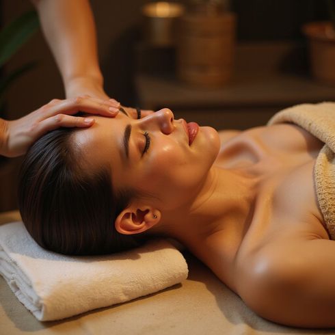 Woman receiving a facial massage, eyes closed, in a spa setting.