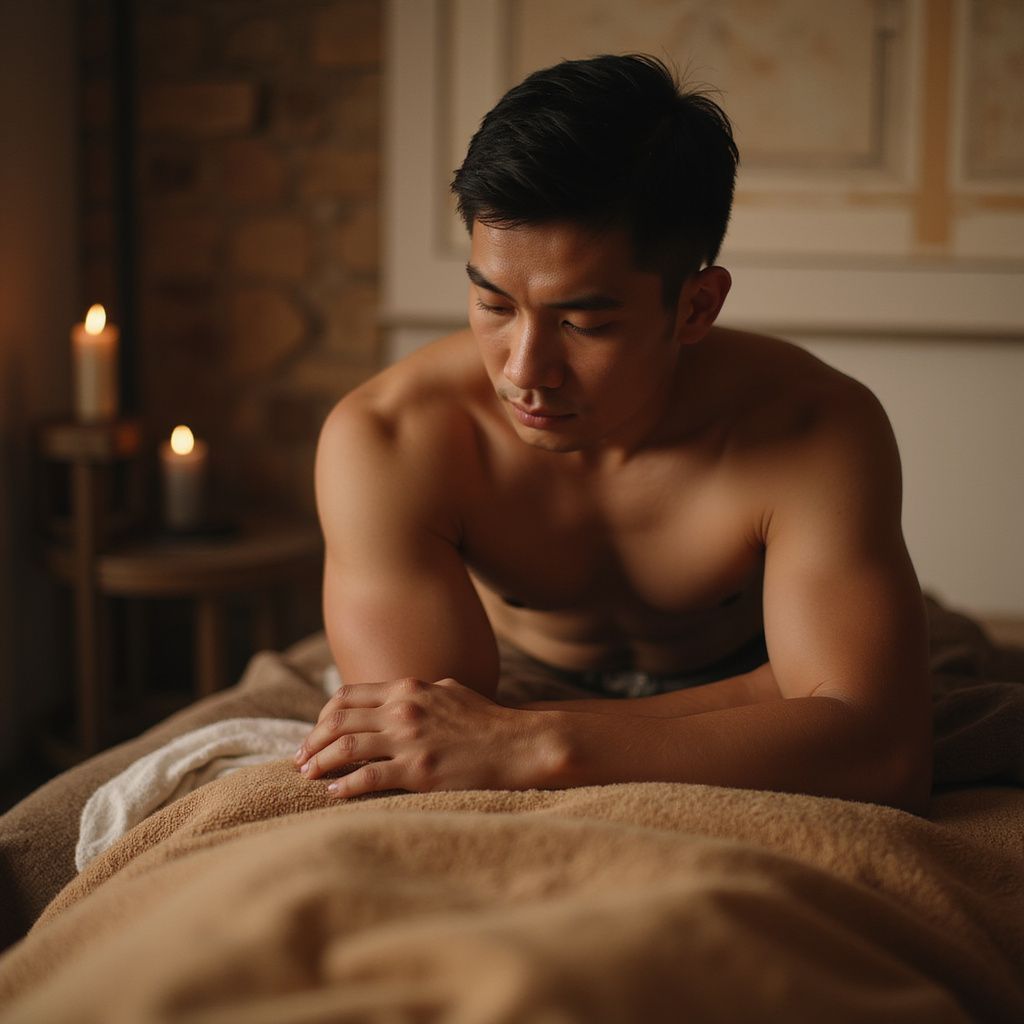 Asian man shirtless, lying on massage table, resting arms, lit candles in background.