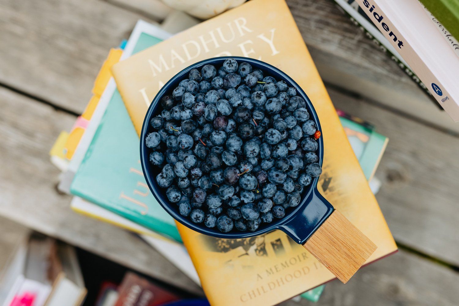 A stack of books with a bowl of blueberries on top of them.