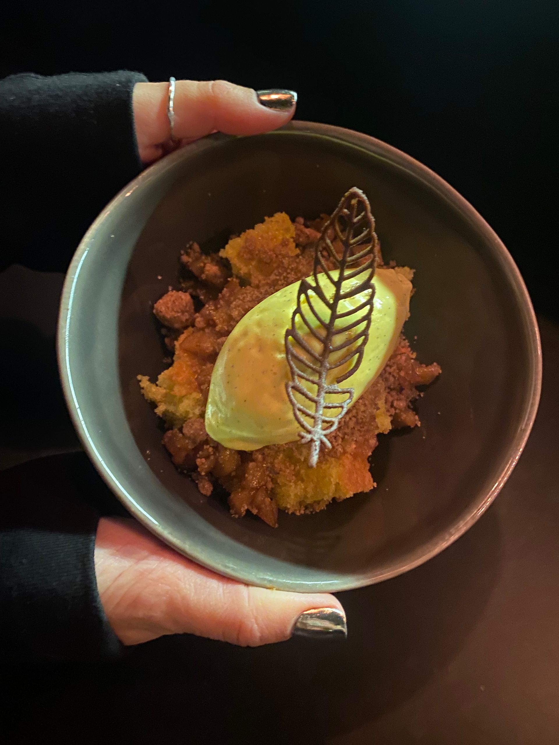 A person is holding a bowl of food with a feather on it