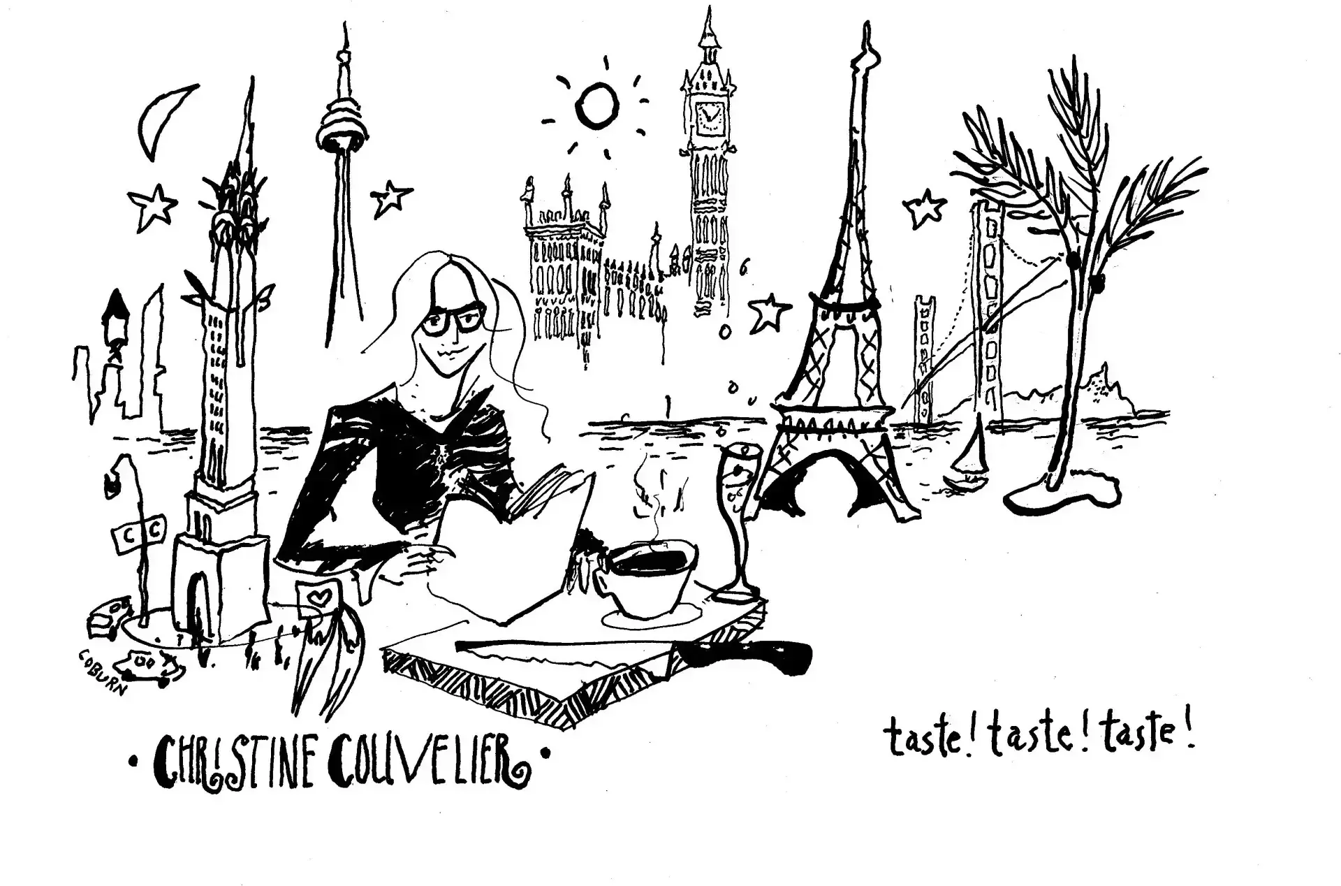 A black and white drawing of a woman reading a book