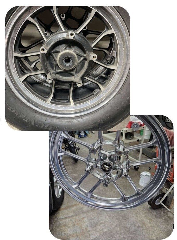 Two motorcycle wheels, one old and dusty, the other newly polished and shiny, displayed in comparison.