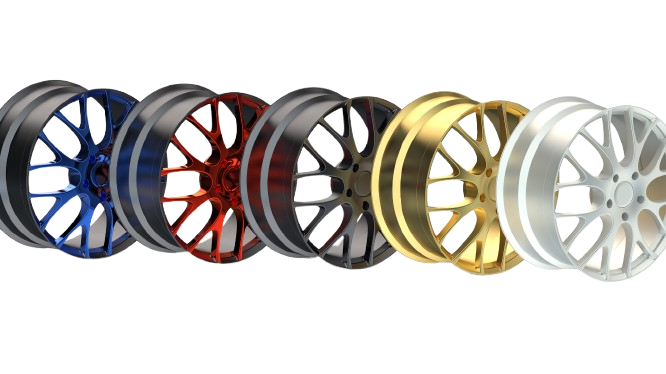 Wheels in various metallic colors: black, blue, red, grey, bronze, gold, and silver, arranged in a row.