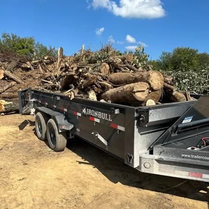 Dump trailer loaded with cut logs and tree debris in a sunny dirt yard