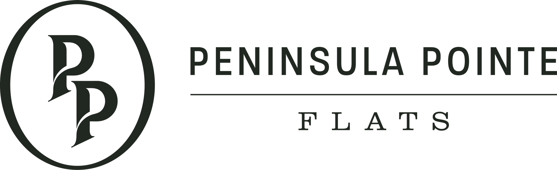 Logo for Peninsula Pointe Flats: "PP" in a circle, text "PENINSULA POINTE" and "FLATS" below.