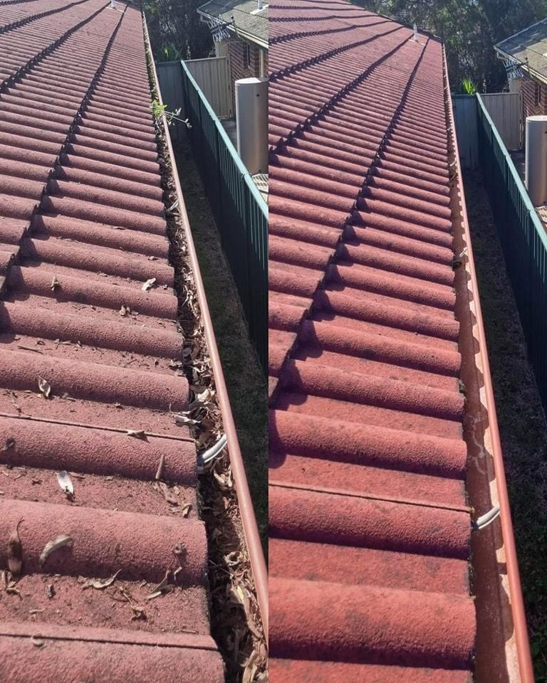 A Before And After Picture Of A Gutter — Jervis Bay Pressure Washing & Property Maintenance In Sussex Inlet, NSW
