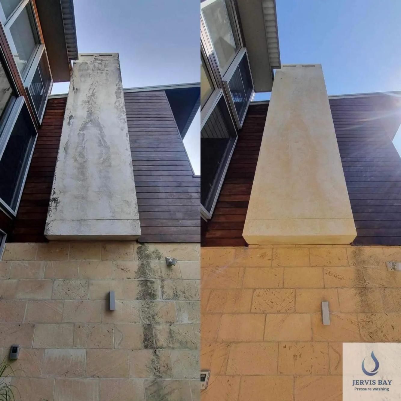 Before And After Picture Of A Chimney On A Building — Jervis Bay Pressure Washing & Property Maintenance In Bomaderry, NSW