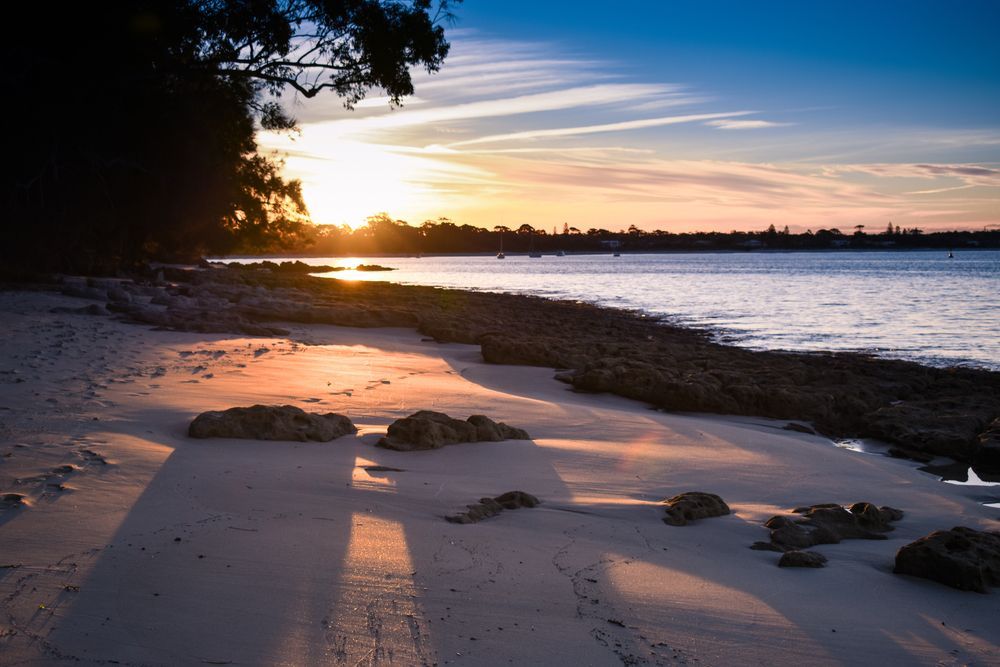 A Sunset Over A Beach With A Tree In The Foreground — Jervis Bay Pressure Washing & Property Maintenance In Vincentia, NSW