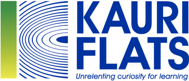 A blue and green logo for kauri flats