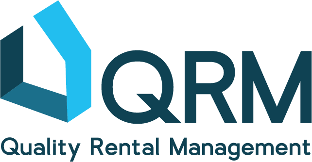 The logo for quality rental management is blue and black.