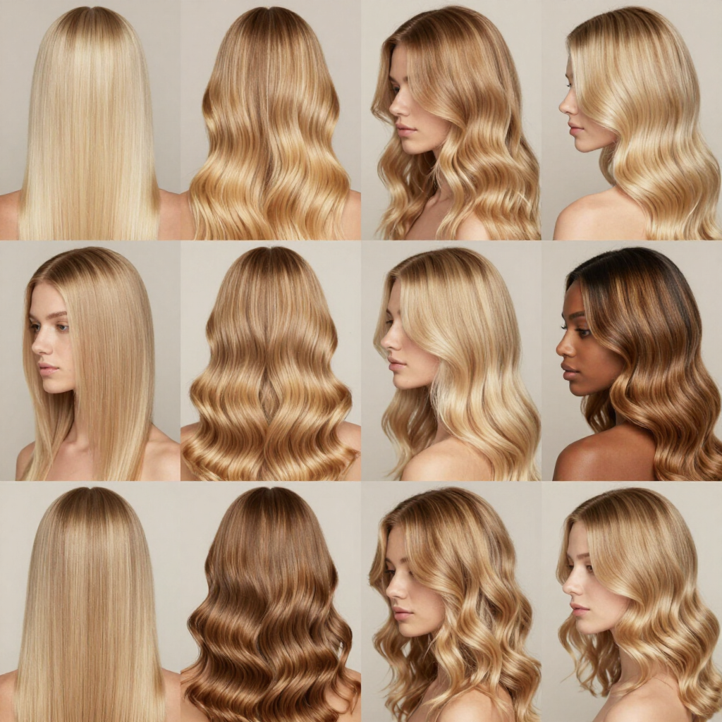 Collage of blonde, wavy hairstyle views from front, side, and back on a neutral background