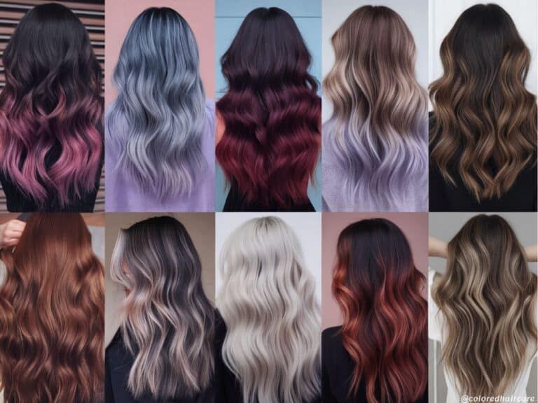 A grid of ten varied hair color styles, featuring long, wavy textures with highlights, ombre effects, and vibrant dyes.