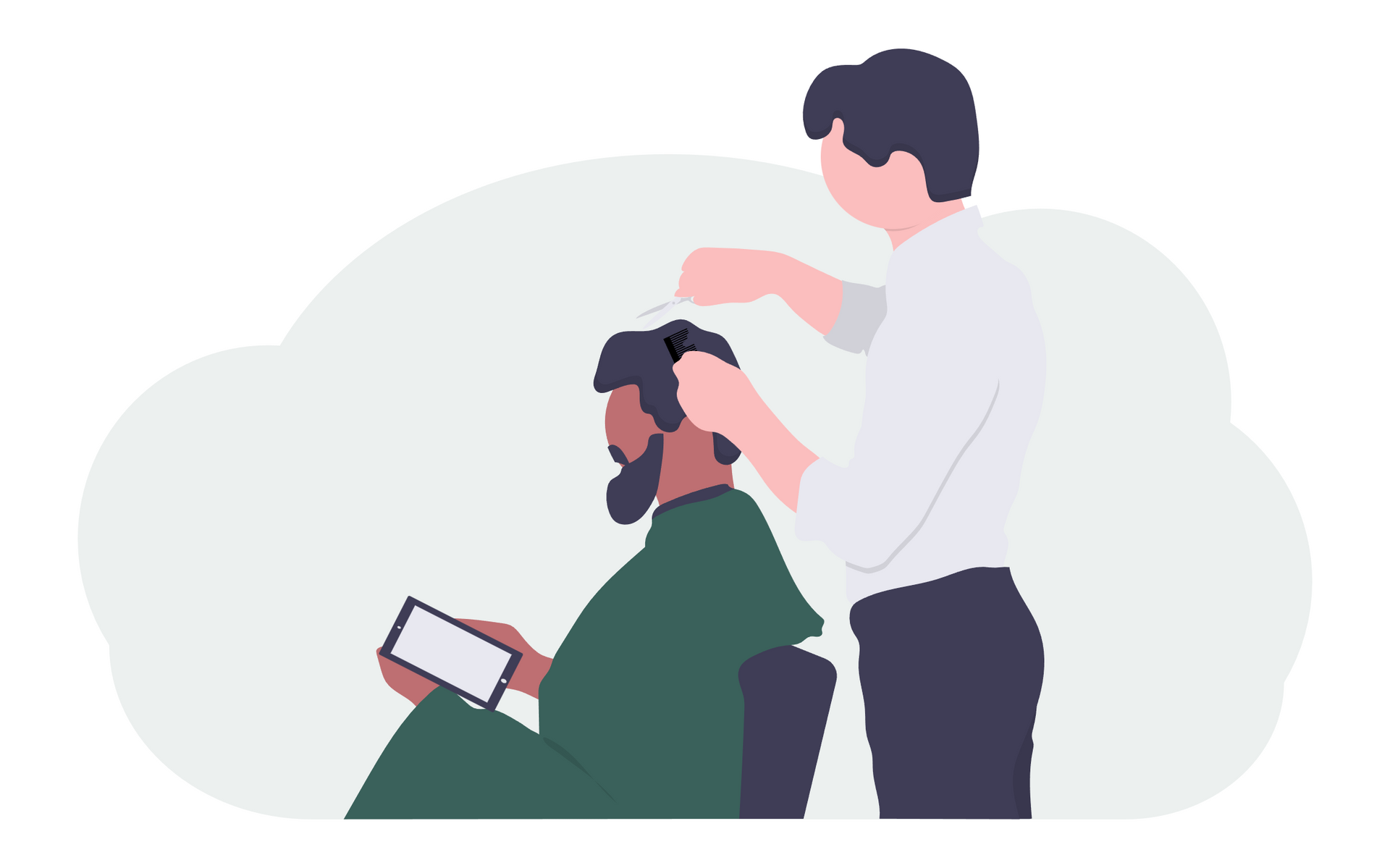 A person getting a haircut at a salon. A barber is cutting the person's hair.