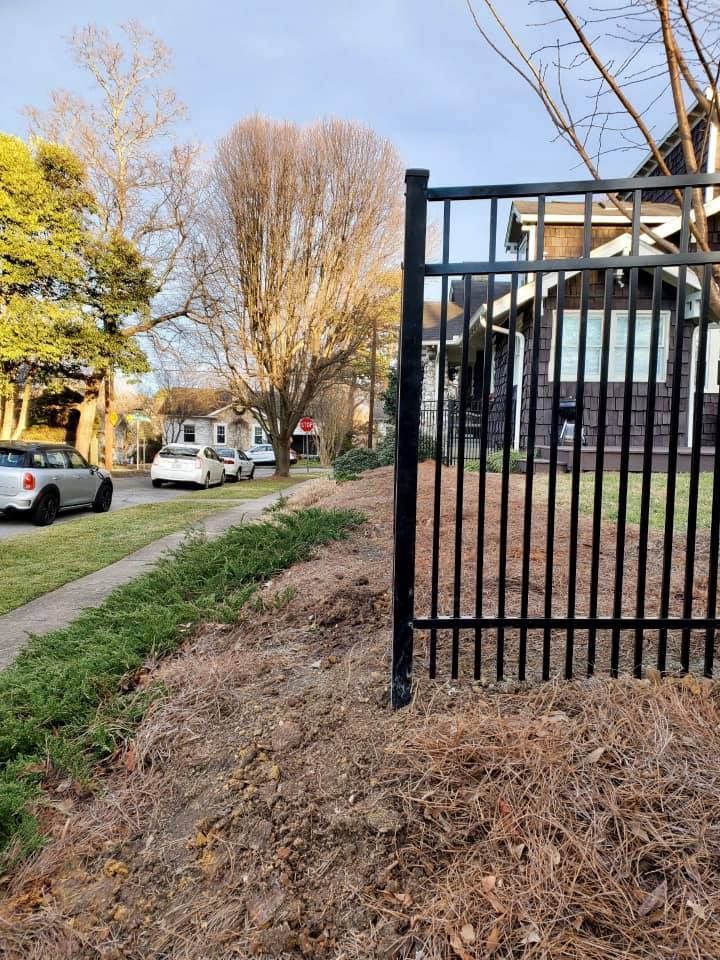 Black metal fence beside a leaf-covered slope, with parked cars and houses along a quiet street.