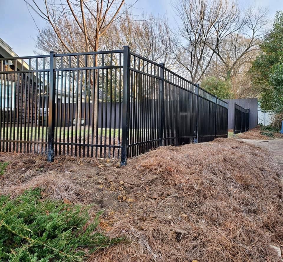 Black metal fence around a wooded yard with leaf-covered ground and a gate at the corner