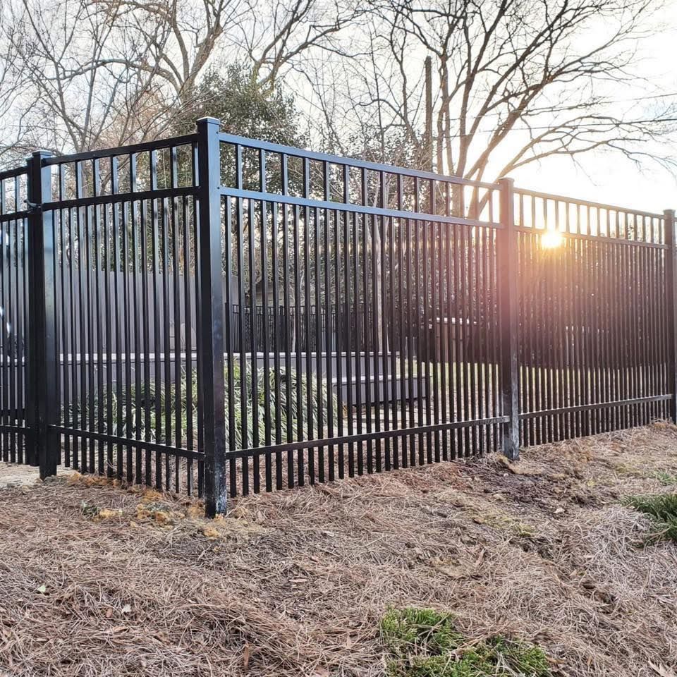 Black metal fence along a wooded yard at sunset with dry grass and bare trees