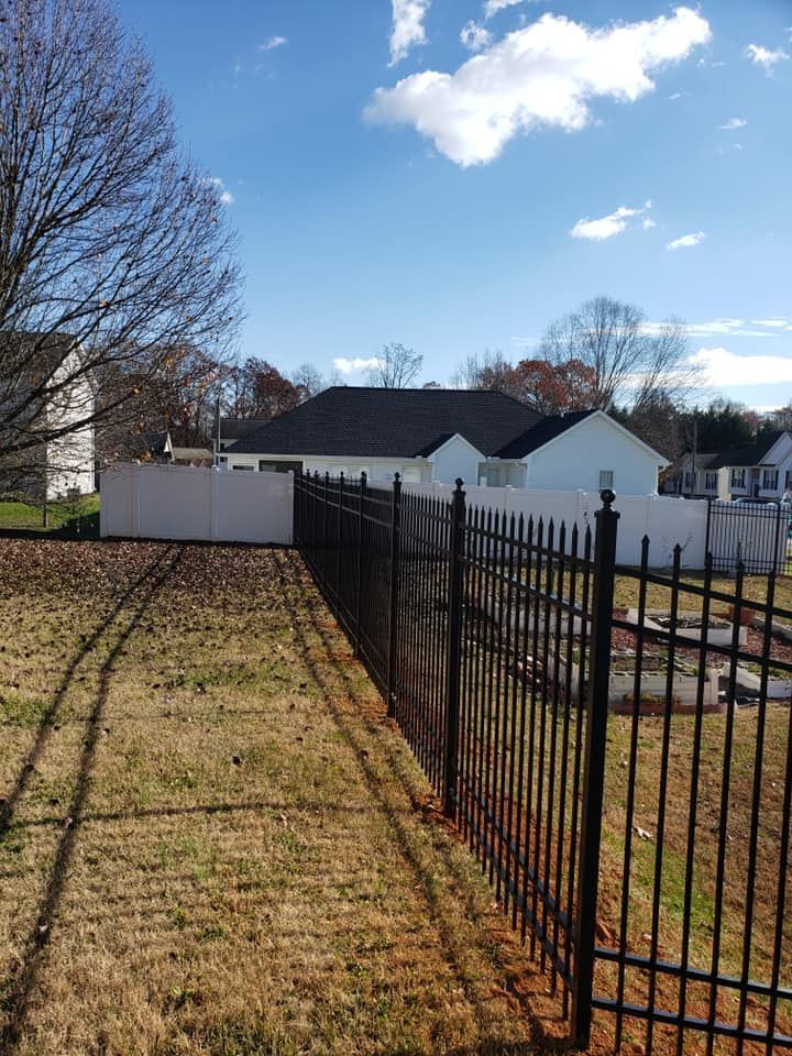 Backyard with black metal fence, white shed, and houses under a partly cloudy blue sky.