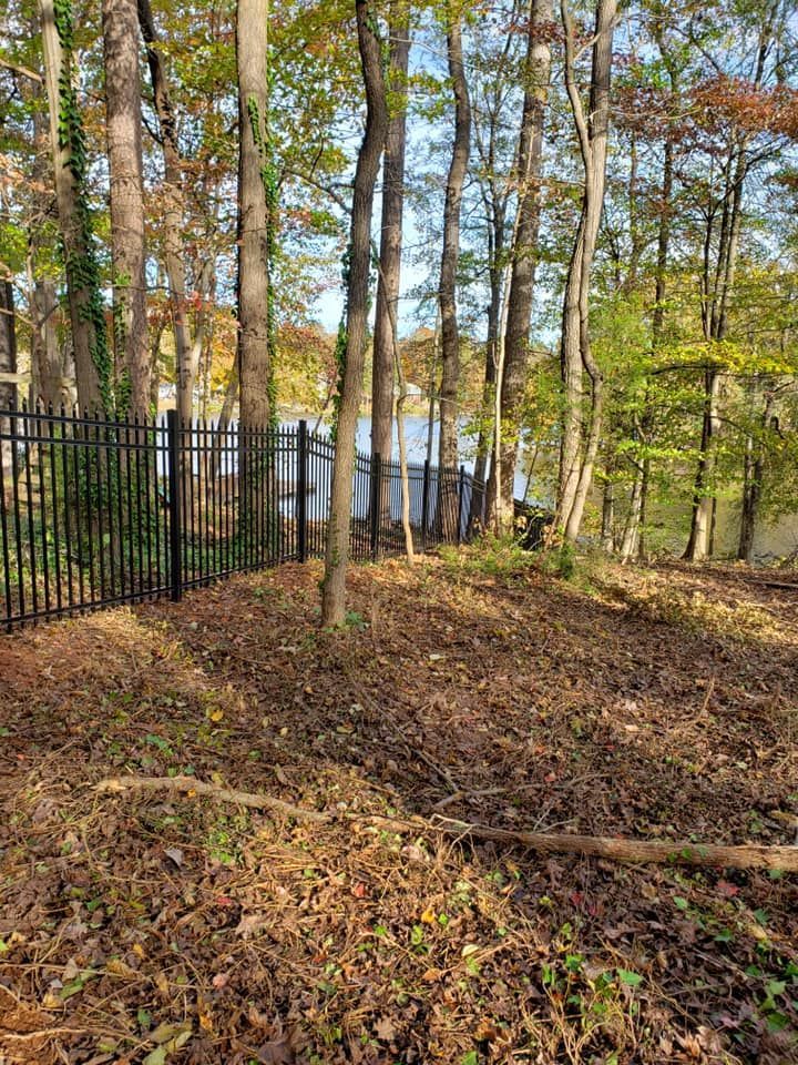 Wooded hillside with a black metal fence and a small white structure beyond the trees