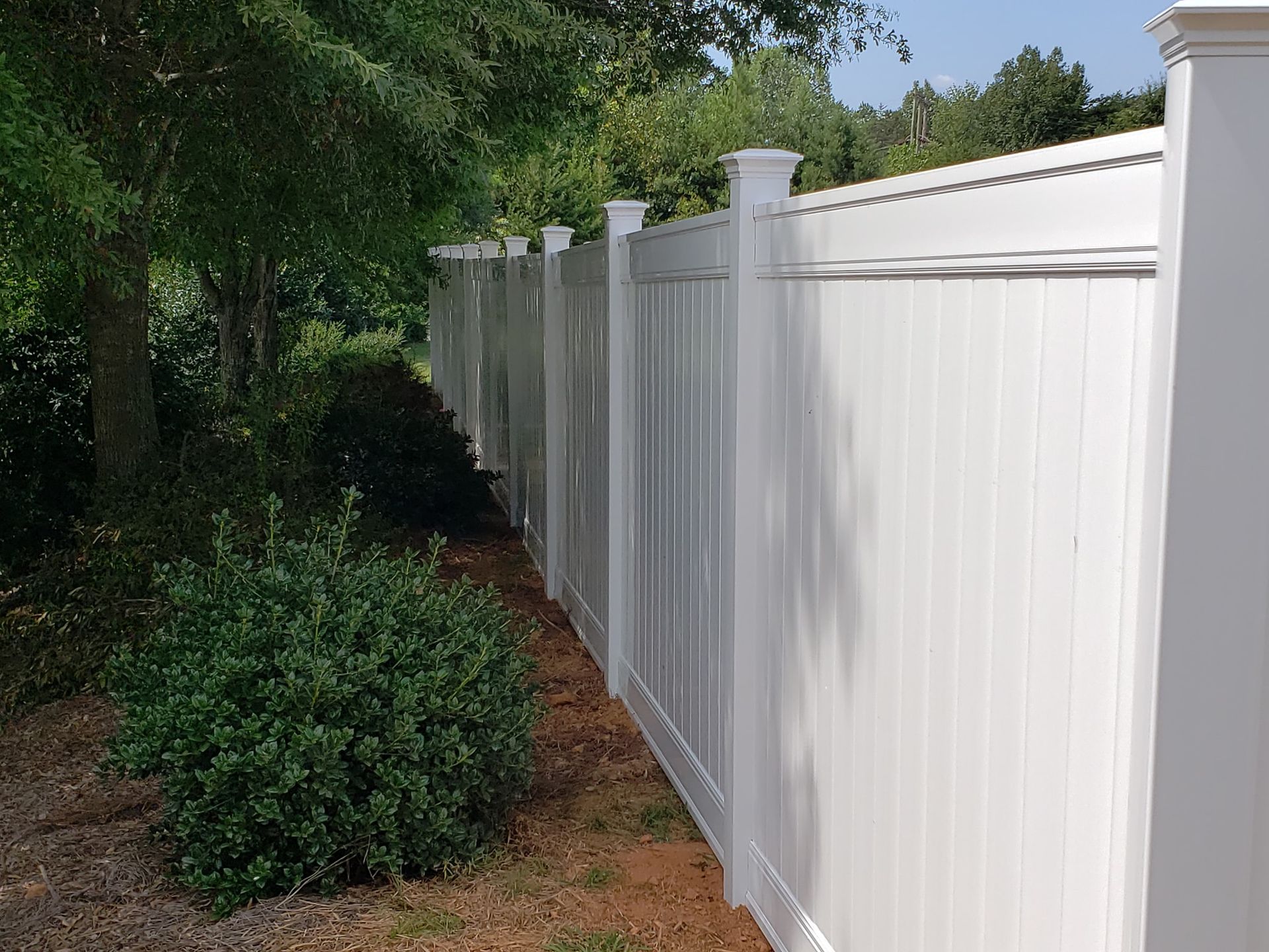 White privacy fence along a narrow garden path beside dense green shrubs and trees