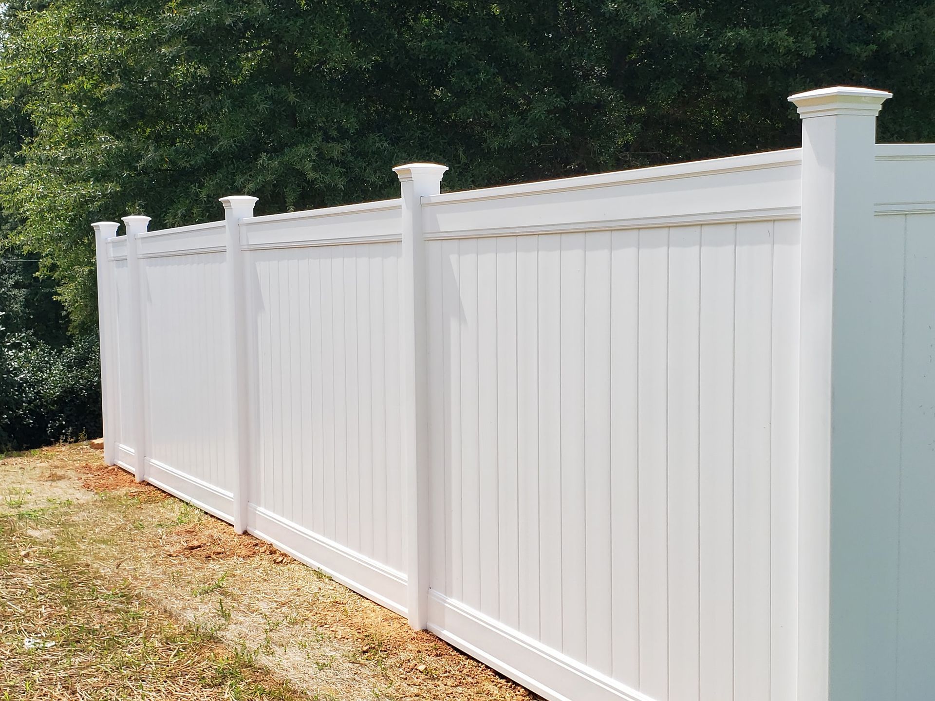 White vinyl fence along a grassy yard beside dense green trees