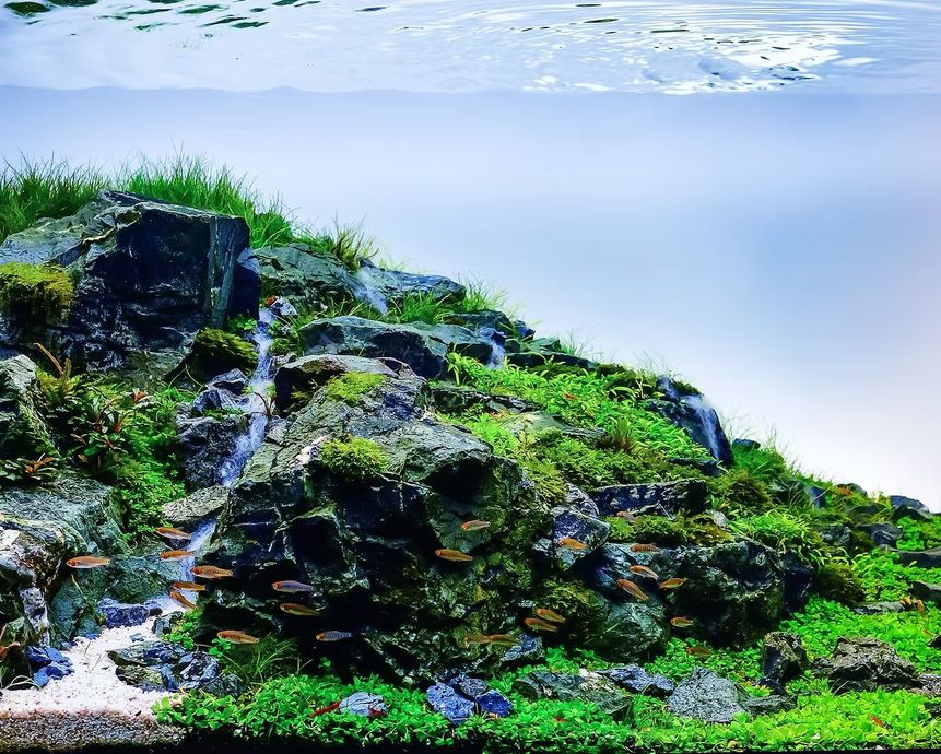 A fish tank filled with lots of fish and rocks.