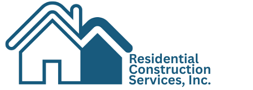 Logo for Residential Construction Services, Inc., featuring two stylized houses in shades of blue.