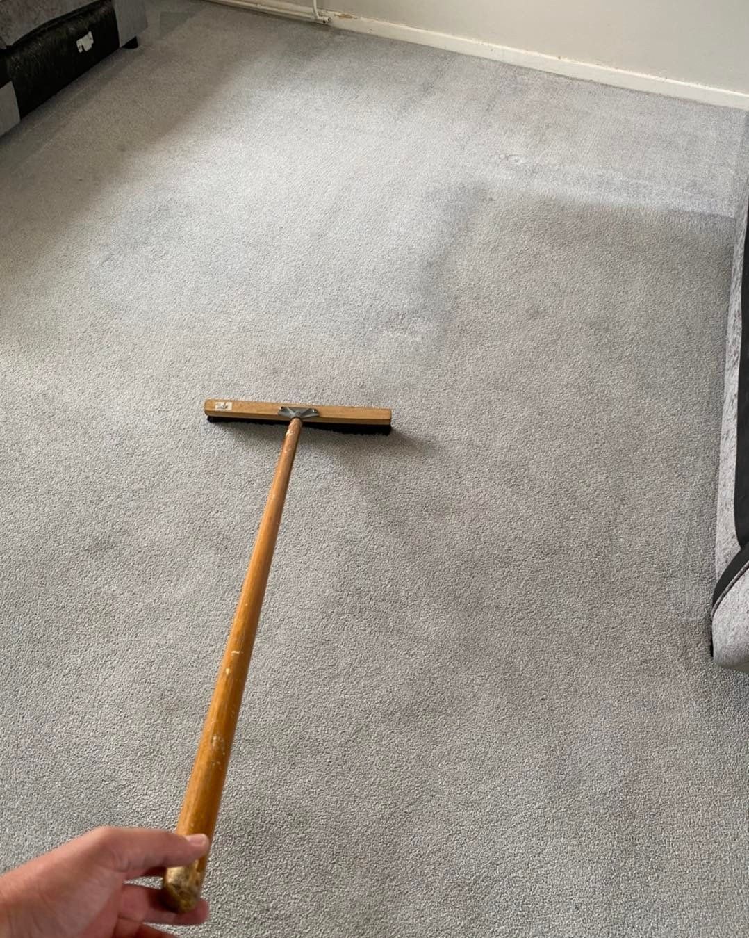 a person is holding a broom on a carpet in a living room .