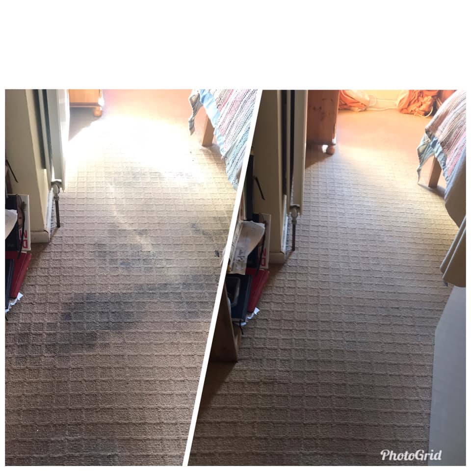 a before and after photo of a dirty carpet in a bedroom .