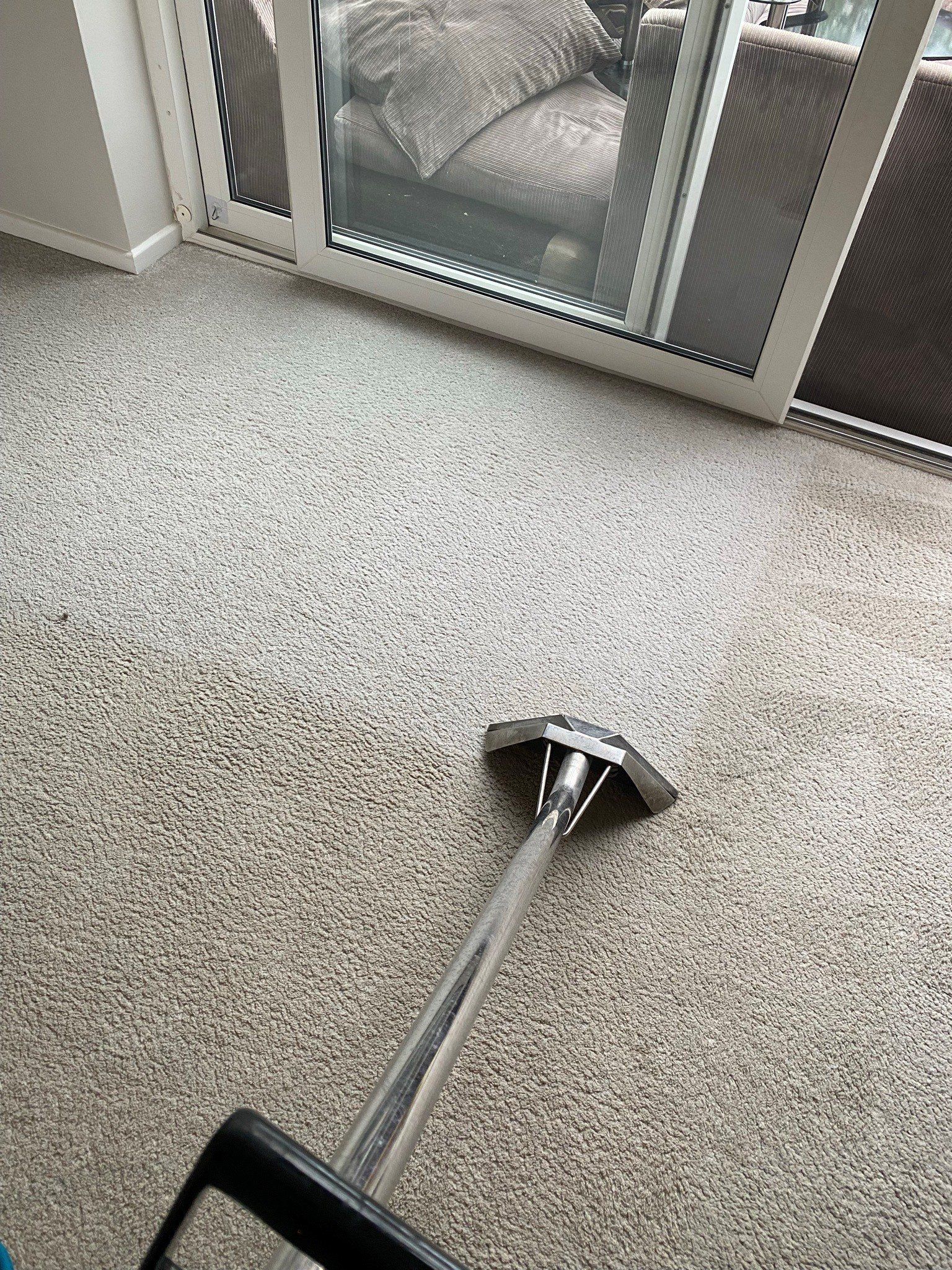 a vacuum cleaner is cleaning a carpet in a living room .