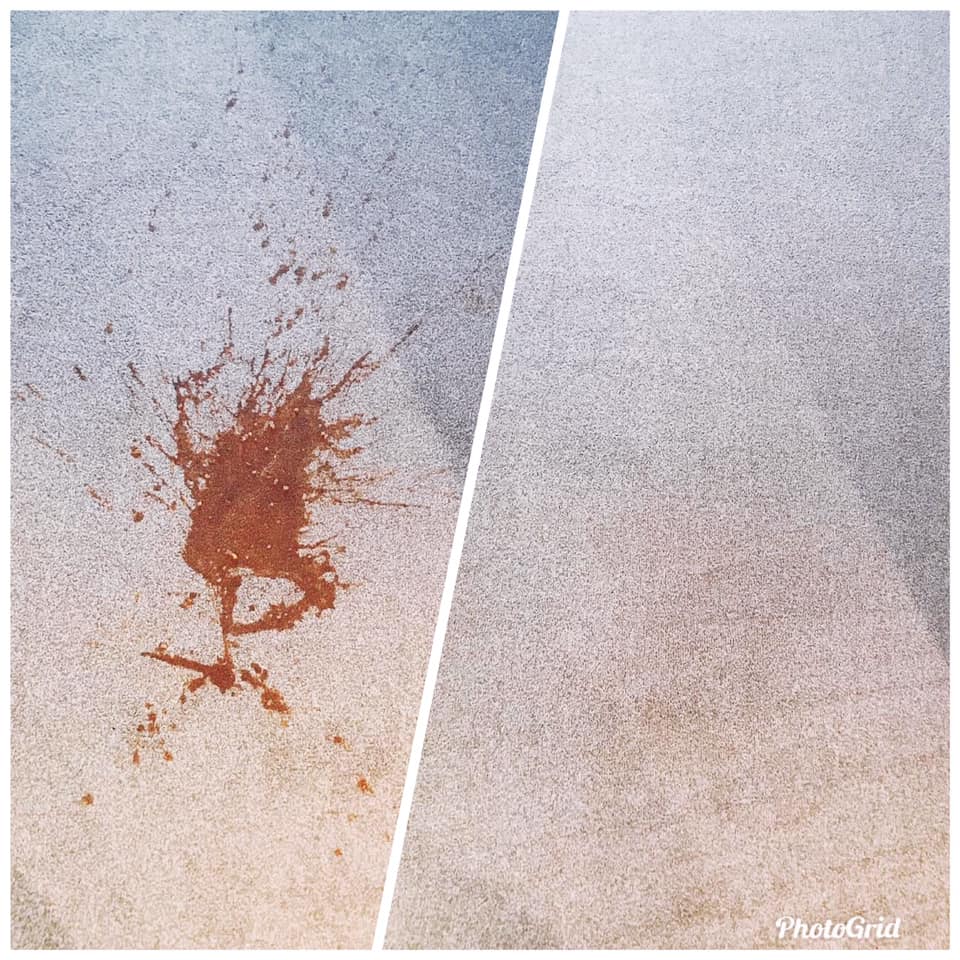 a before and after picture of a carpet with stains on it .