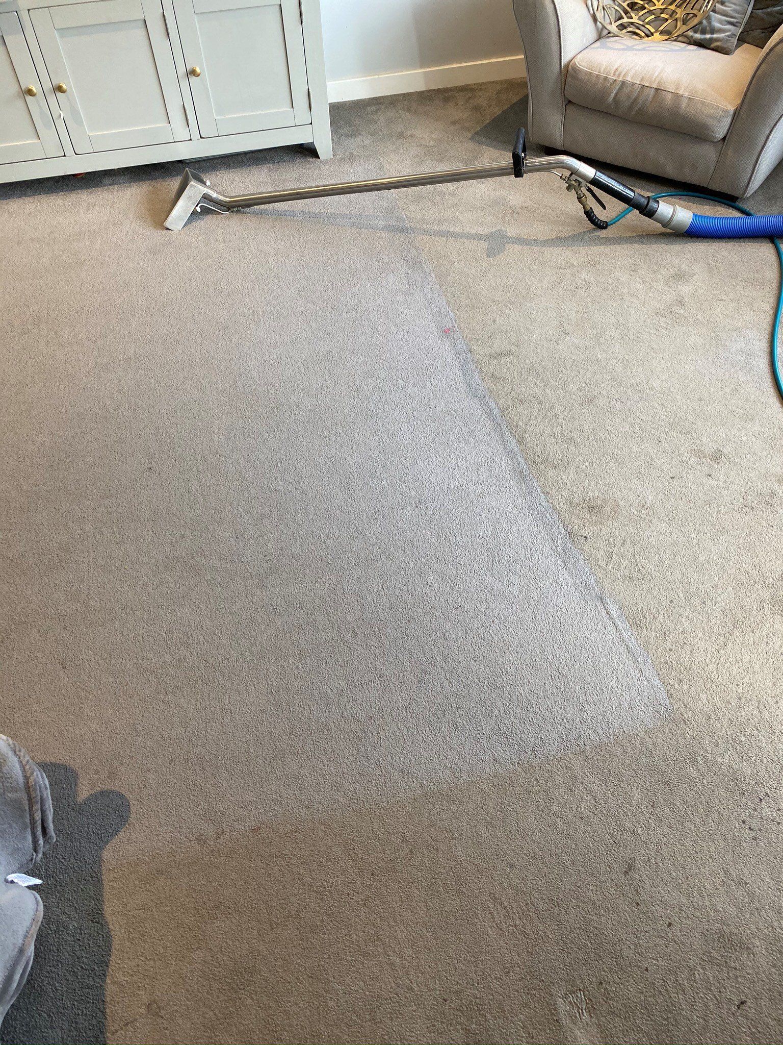 a living room with a carpeted floor and a chair .