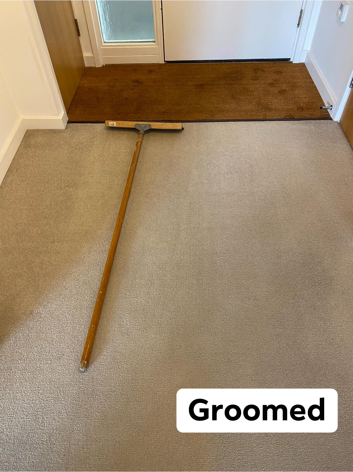 a broom is sitting on a carpet next to a door mat .