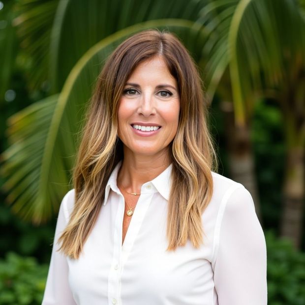 A woman in a purple dress is smiling in front of palm trees.