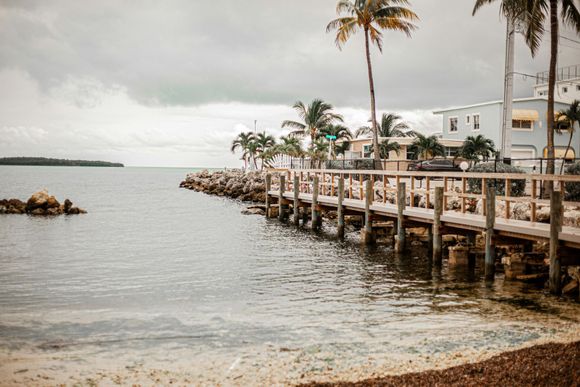 A pier leading into the ocean with palm trees in the background.