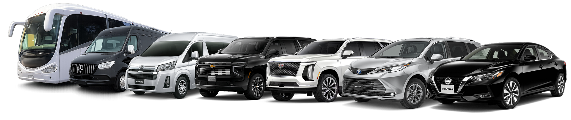 Una fila de cinco SUV y furgonetas Chevrolet en blanco y negro sobre un fondo blanco.