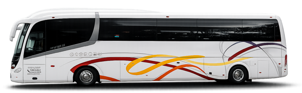 Autobús blanco con gráficos de líneas onduladas rojas y naranjas, vista lateral.