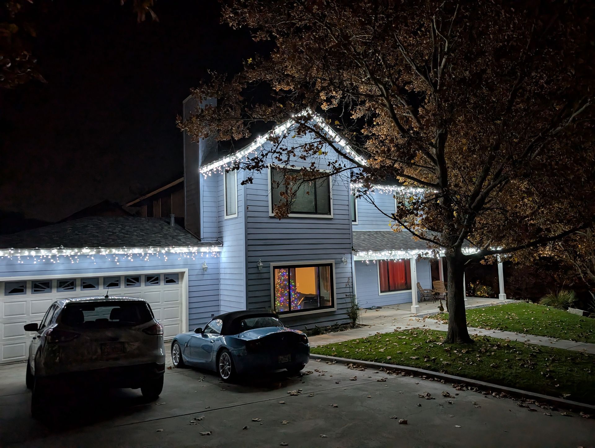 A house is decorated with christmas lights at night.