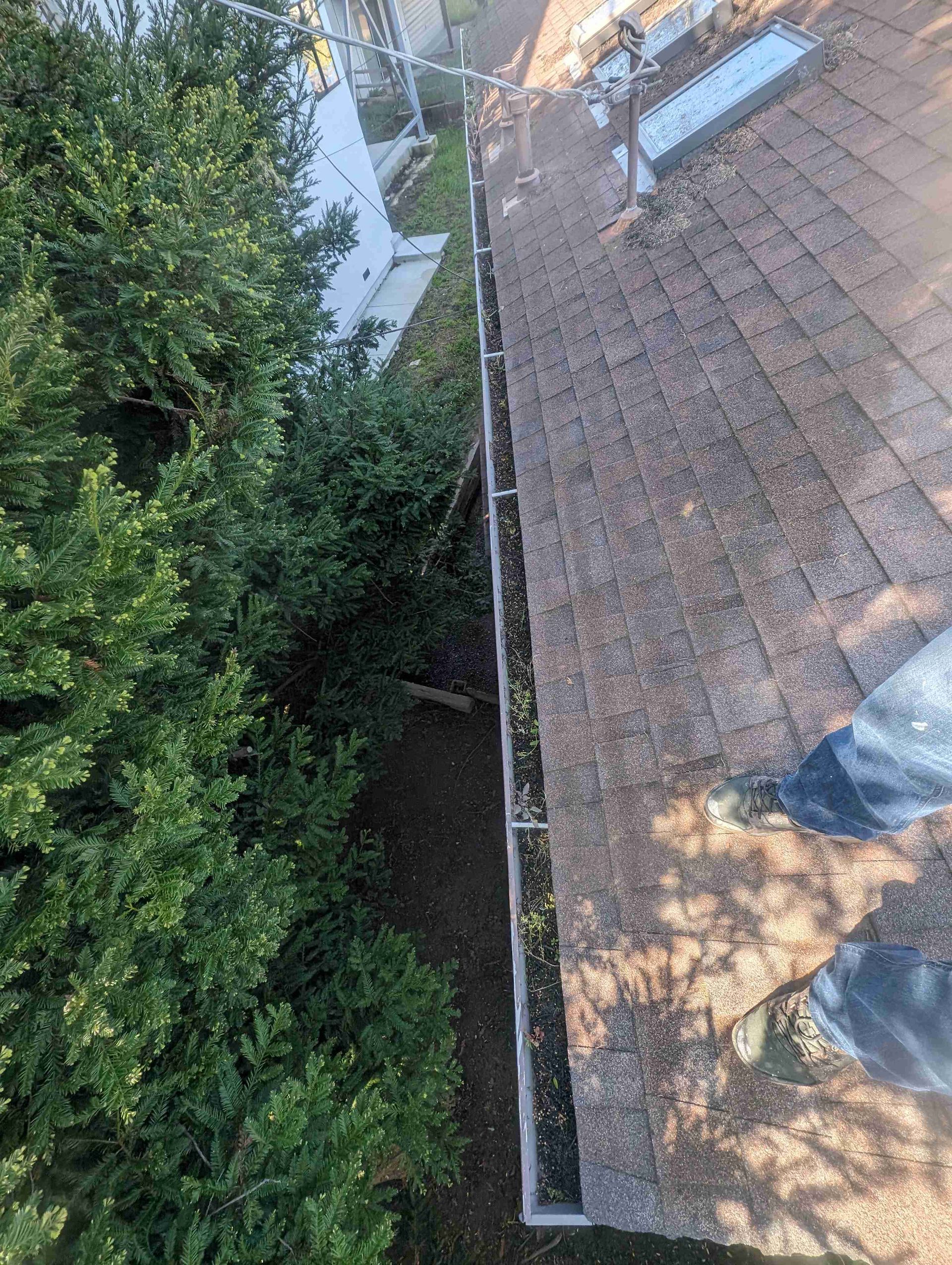 Person is standing on a roof next to a gutter.