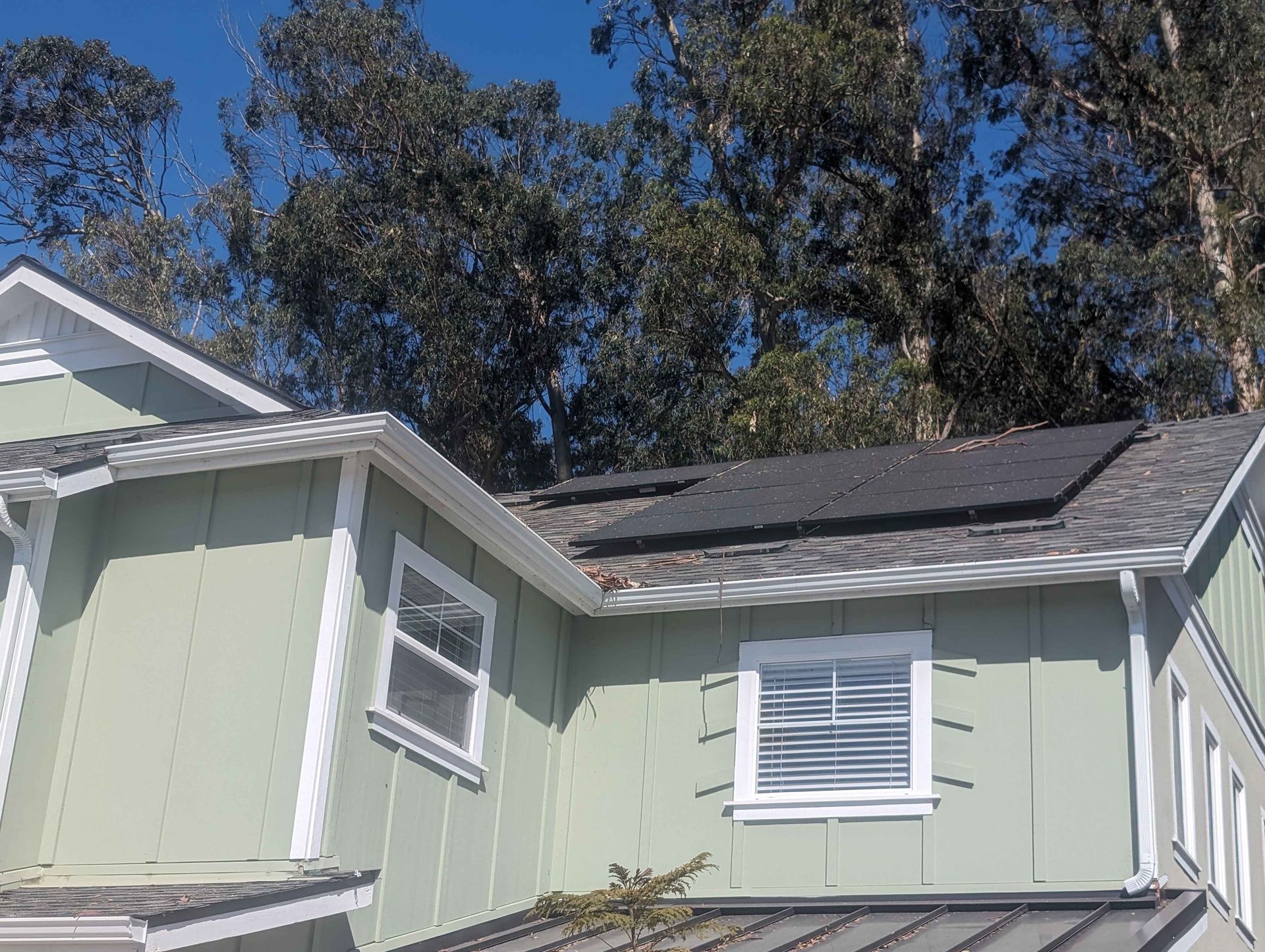 Green house with solar panels on the roof.