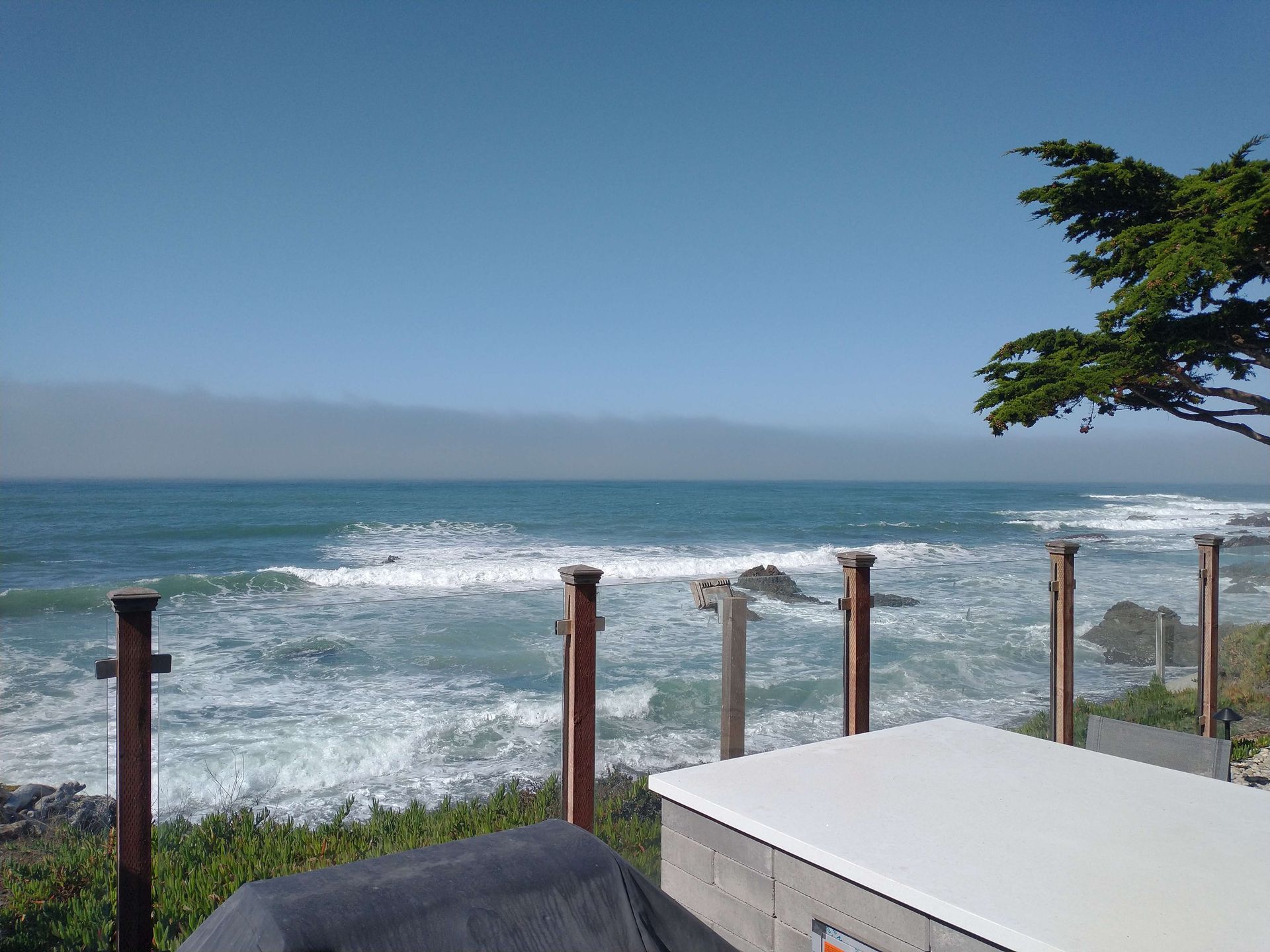 A view of the ocean from a deck with a tree in the background