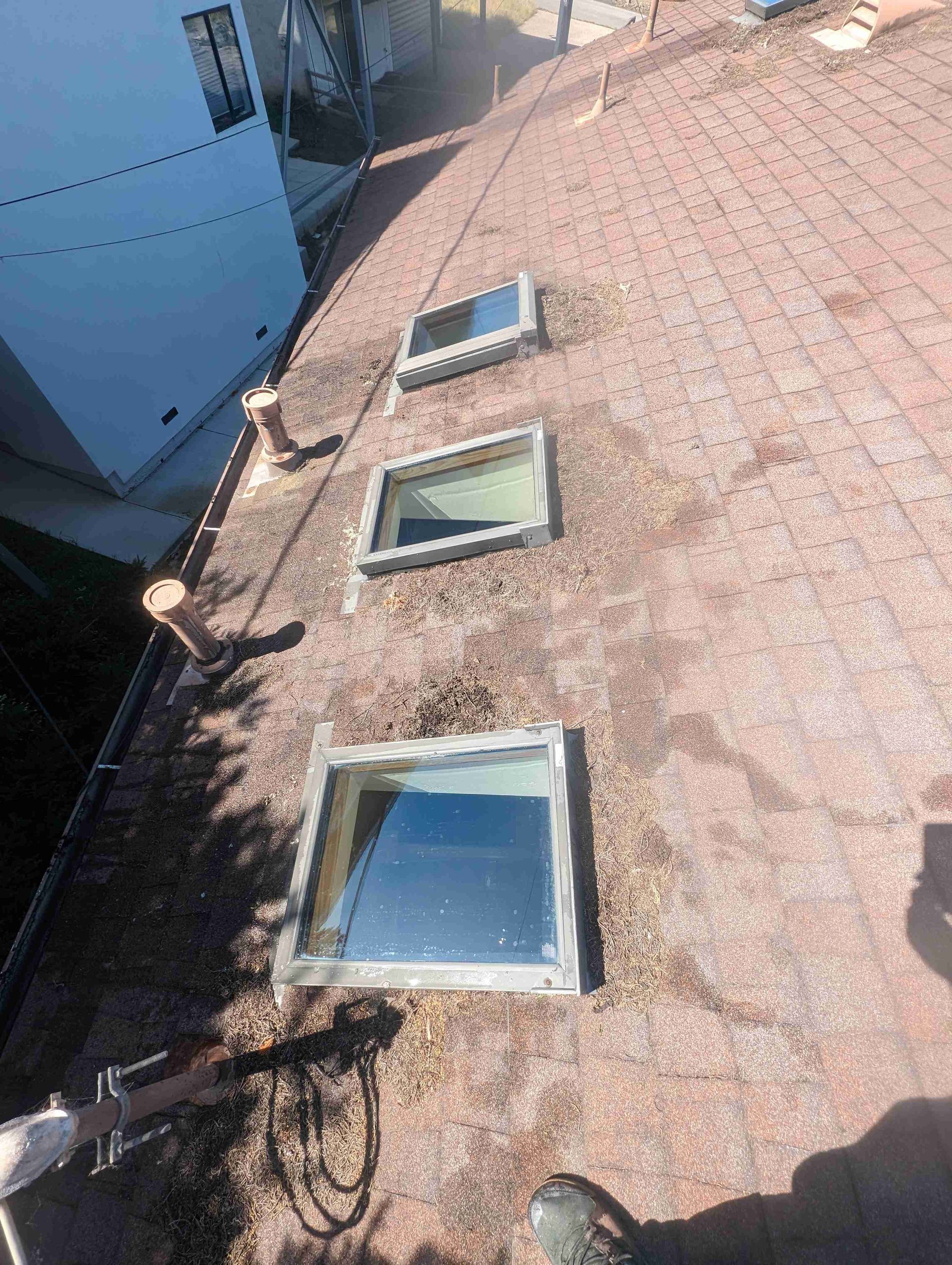 There are four skylights on the roof of a building.