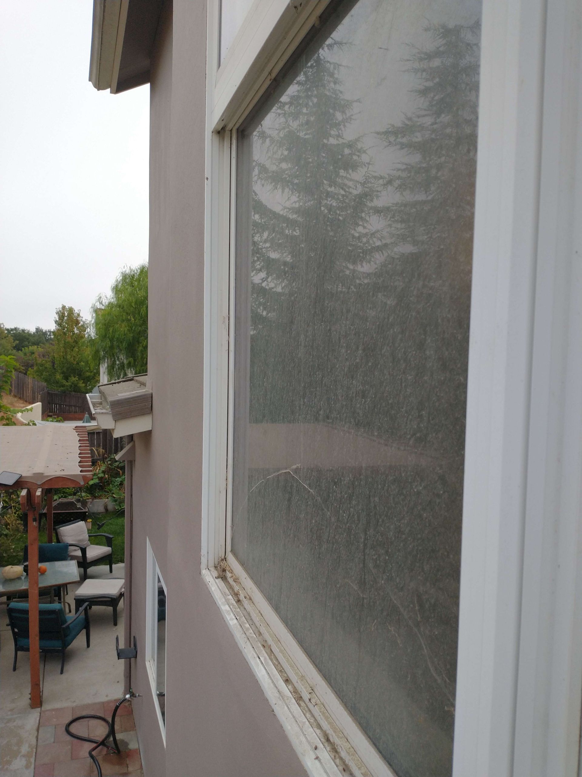 Window on the side of a house with a reflection of trees in it.